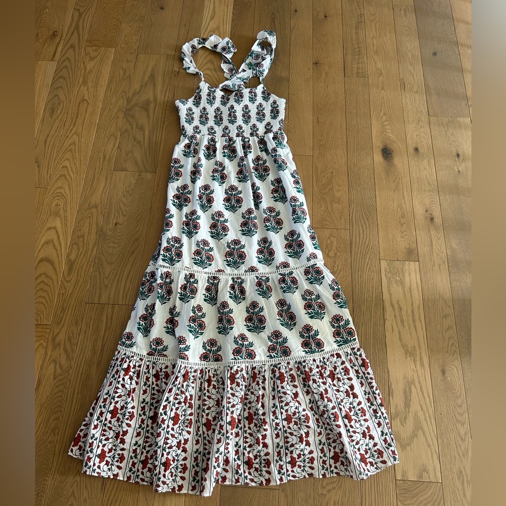 CELINA MOON size M Block Print Floral Maxi Dress Ruffle Cross Straps Pockets